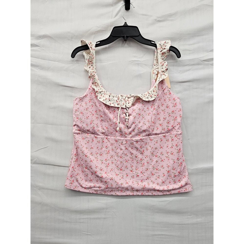 Blogilates Womens Ruffle Lace Up Tank Pink Polyester Blend Athletic Size XL